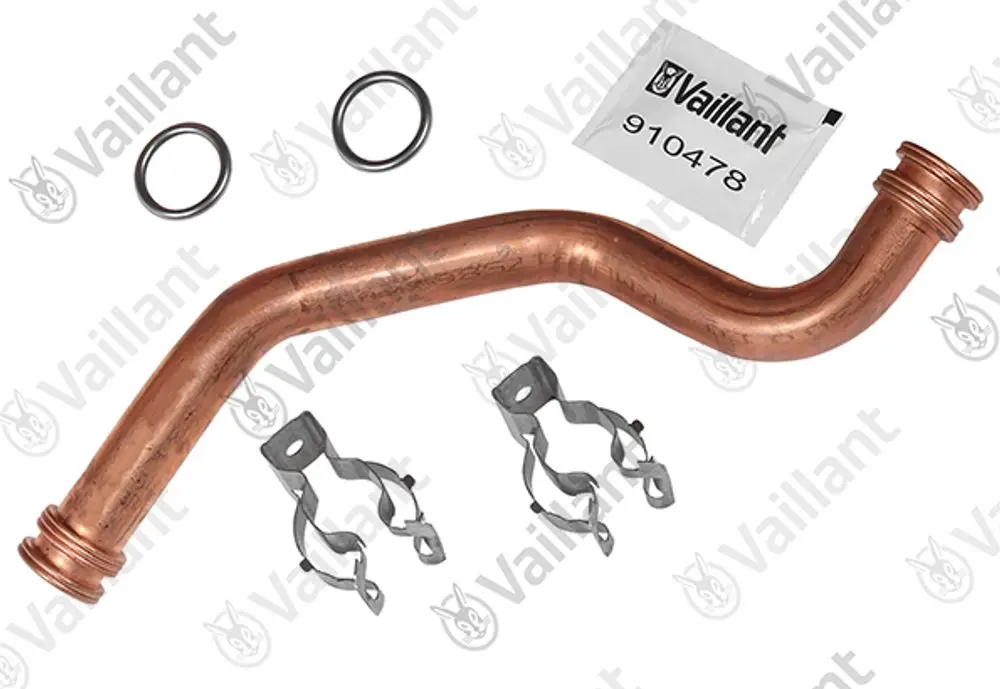 Kupferrohr mit zwei O-Ringen und zwei Halterungen, geliefert in der Verpackung von Vaillant.